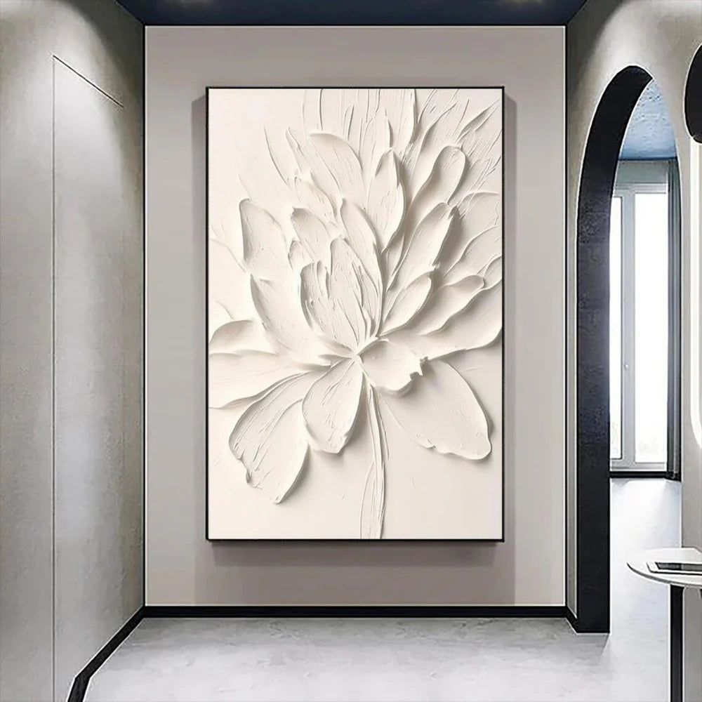 White Minimalist Flower And Tree Textured Canvas Art #MF022