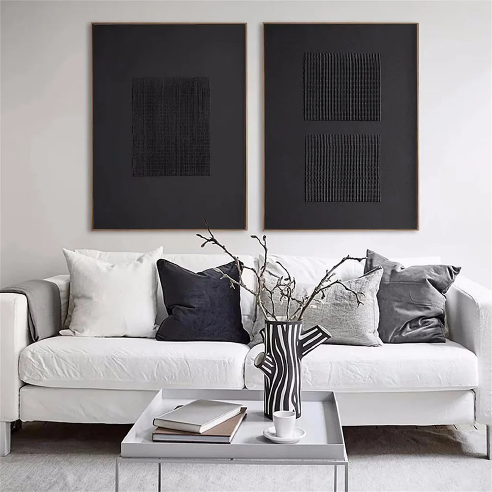 Black Minimalist Textured Canvas Art Set of 2 #WZ096