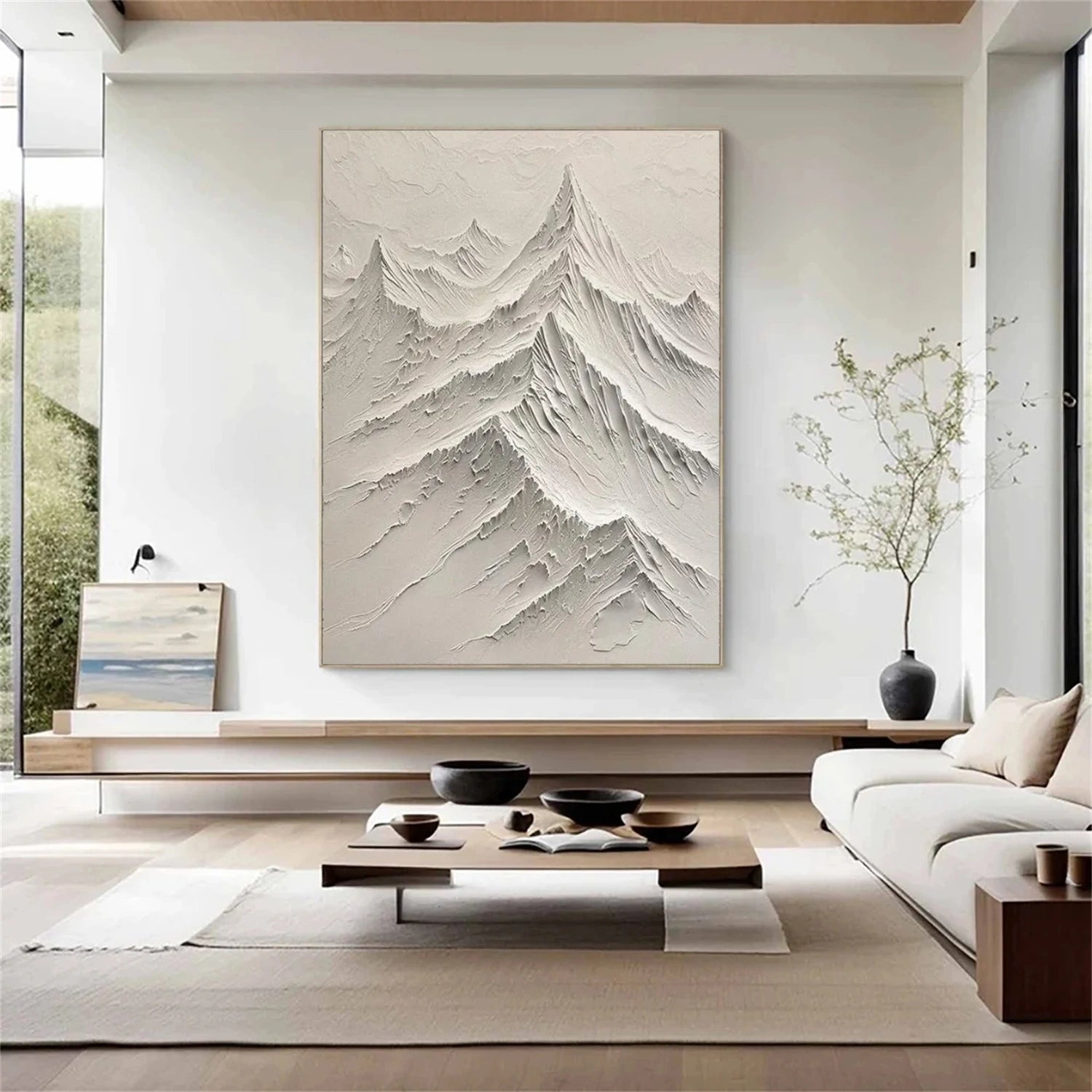 White Minimalist Mountain Textured Canvas Art #BT093