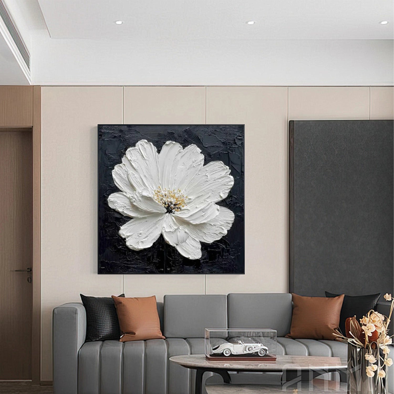 Black and White Minimalist Flower And Tree Textured Canvas Art #MF098