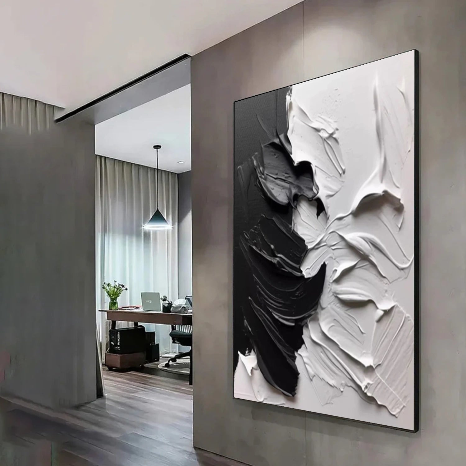 Black and White Minimalist Textured Canvas Art #WZ111