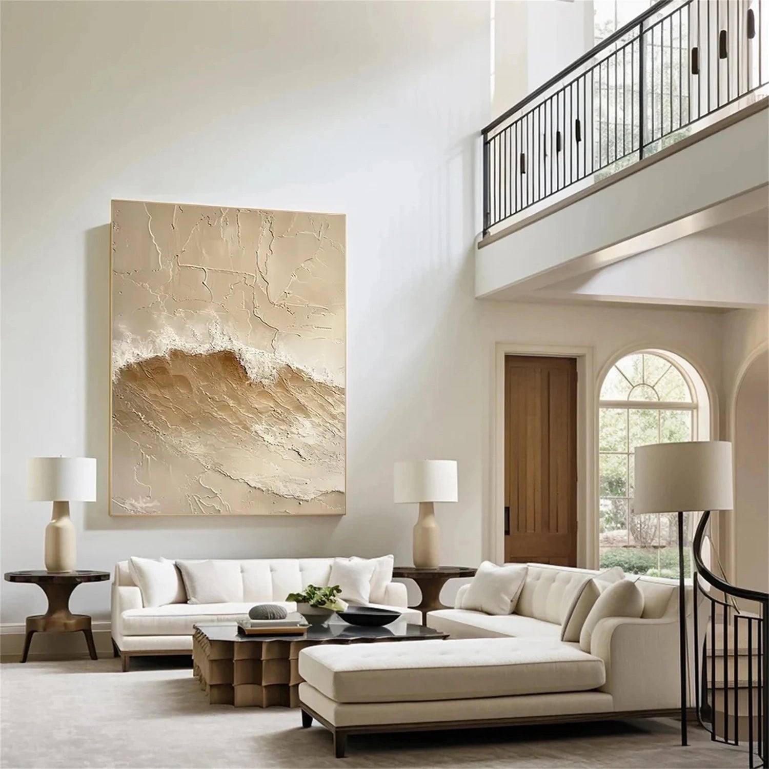 Beige and Brown Abstract Ocean And Sky Textured Canvas Art #OC118