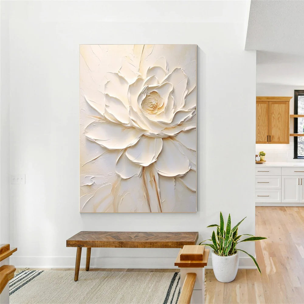 White Minimalist Flower And Tree Textured Canvas Art #MF026