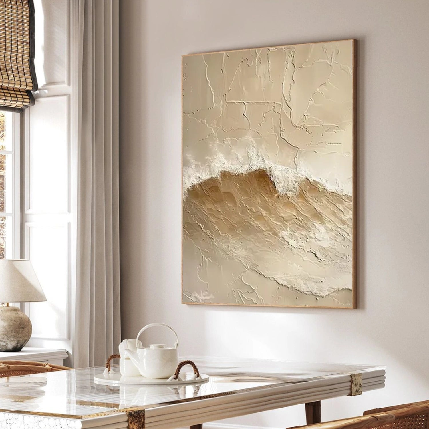 Beige and Brown Abstract Ocean And Sky Textured Canvas Art #OC118