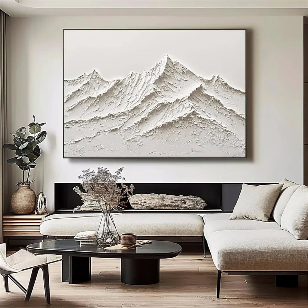 White Minimalist Mountain Textured Canvas Art #BT009
