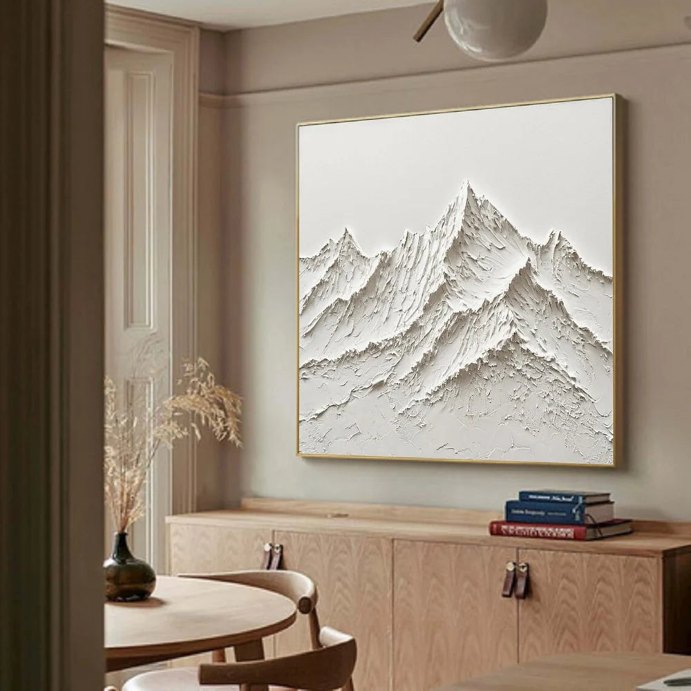 White Minimalist Mountain Textured Canvas Art #BT013