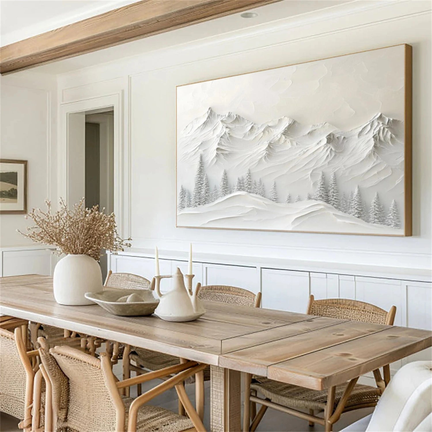 White Minimalist Mountain Textured Canvas Art #BT047