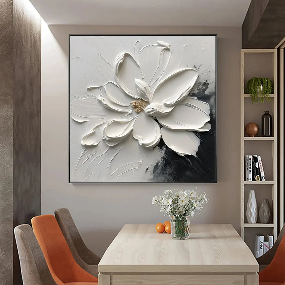 Black & White Minimalist Flower And Tree Textured Canvas Art #MF019