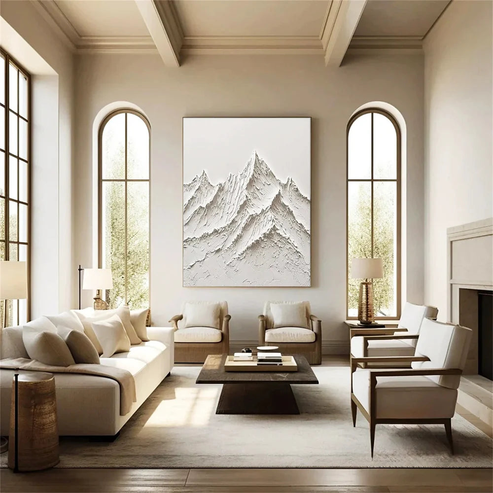 White Minimalist Mountain Textured Canvas Art #BT003