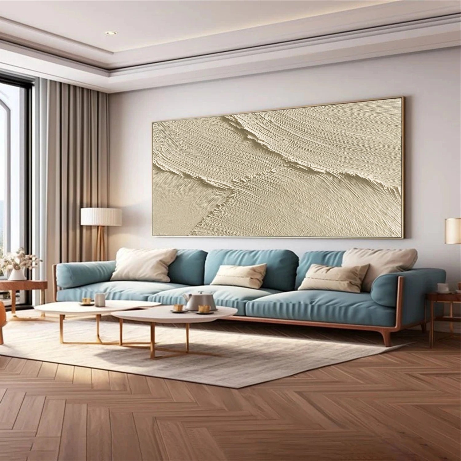 Beige Minimalist Ocean And Sky Textured Canvas Art #OC153