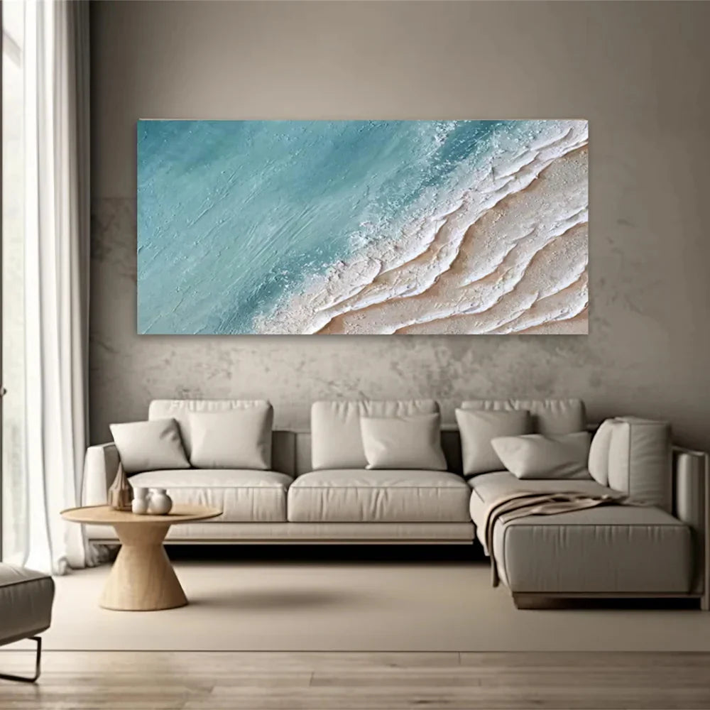 Blue & Beige Minimalist Ocean And Sky Textured Canvas Art # OC020