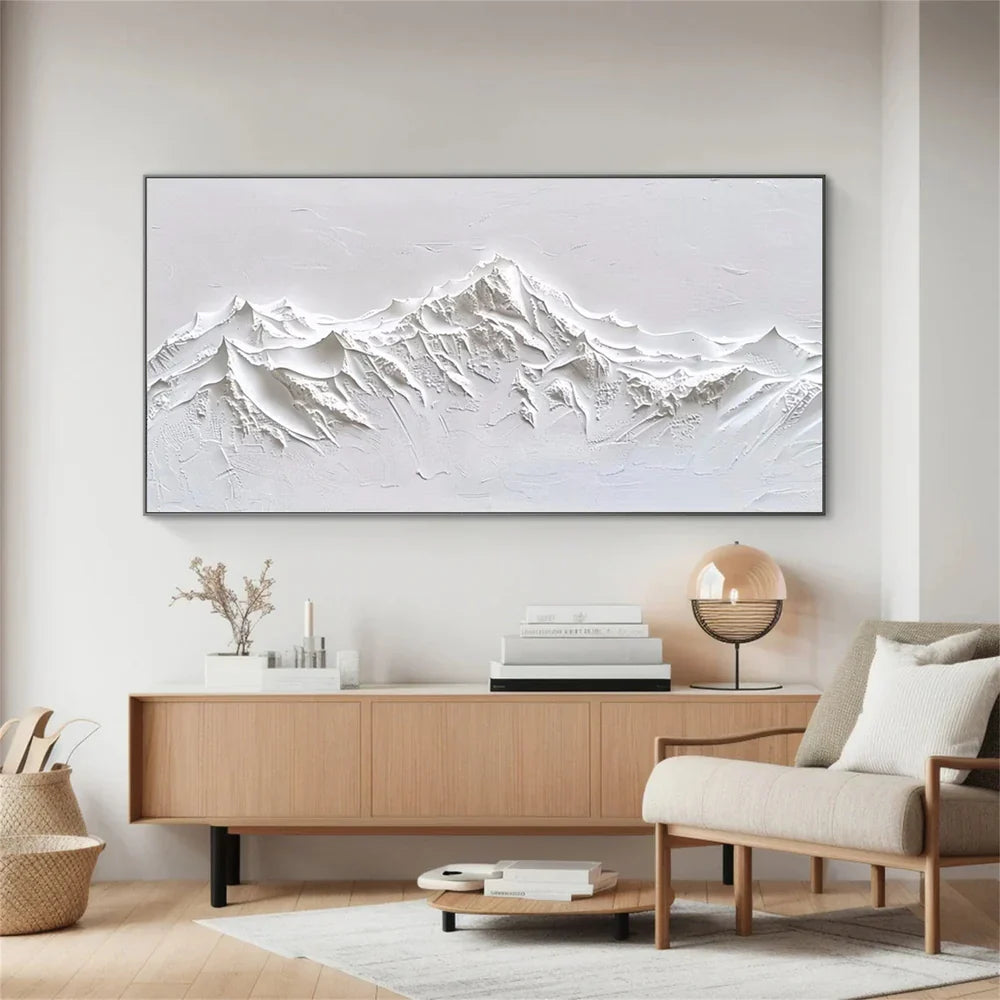 White Minimalist Mountain Textured Canvas Art #BT011