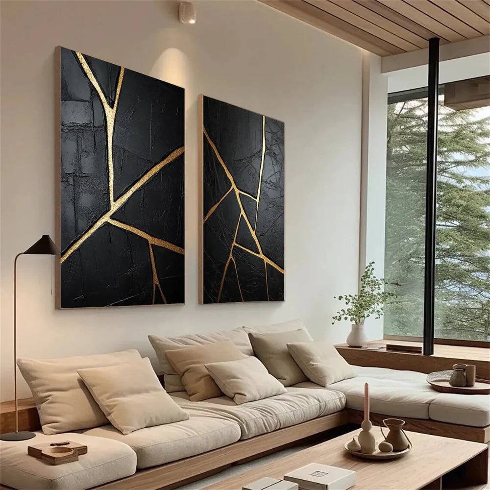 Black Minimalist Textured Canvas Art Set of 2 #WZ075