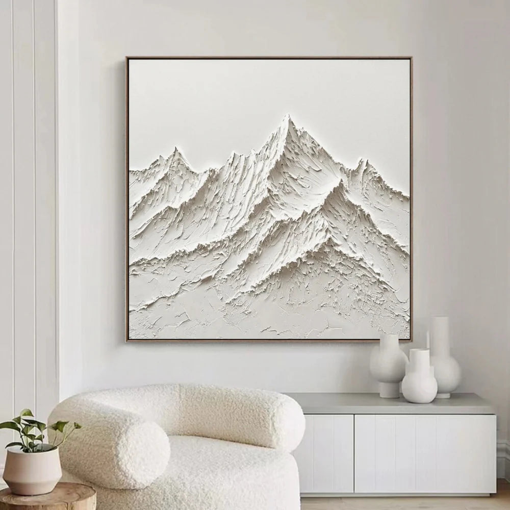 White Minimalist Mountain Textured Canvas Art #BT013