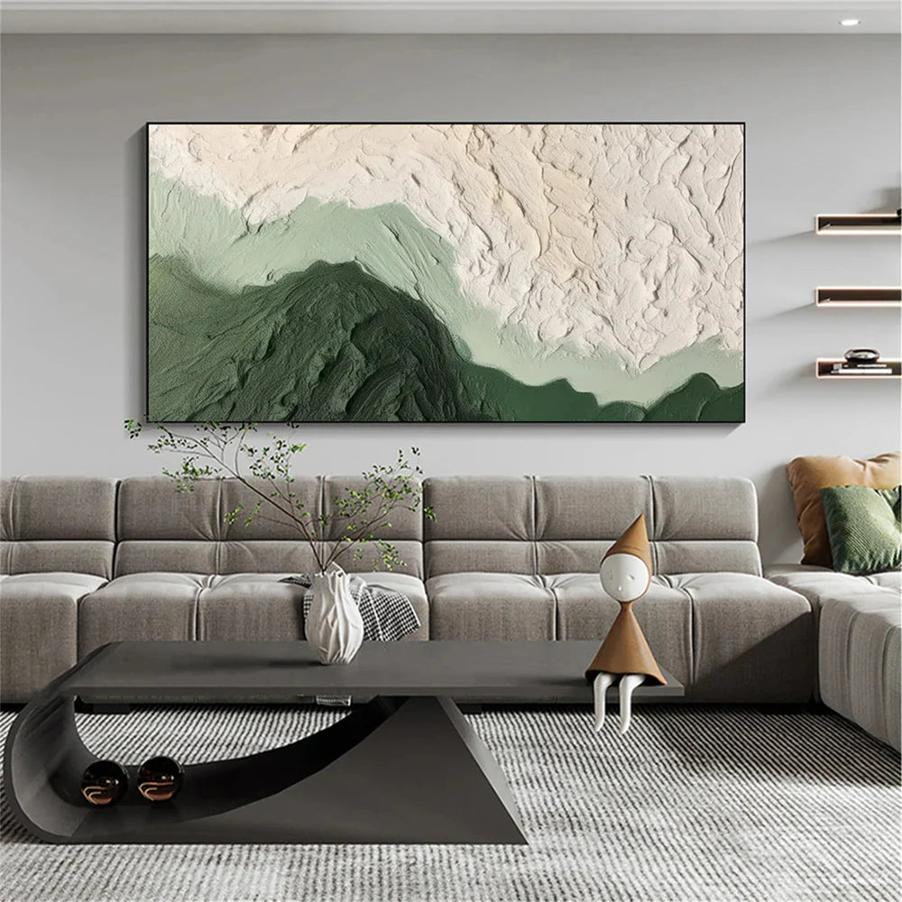 Green & Beige Minimalist Ocean And Sky Textured Canvas Art # OC015