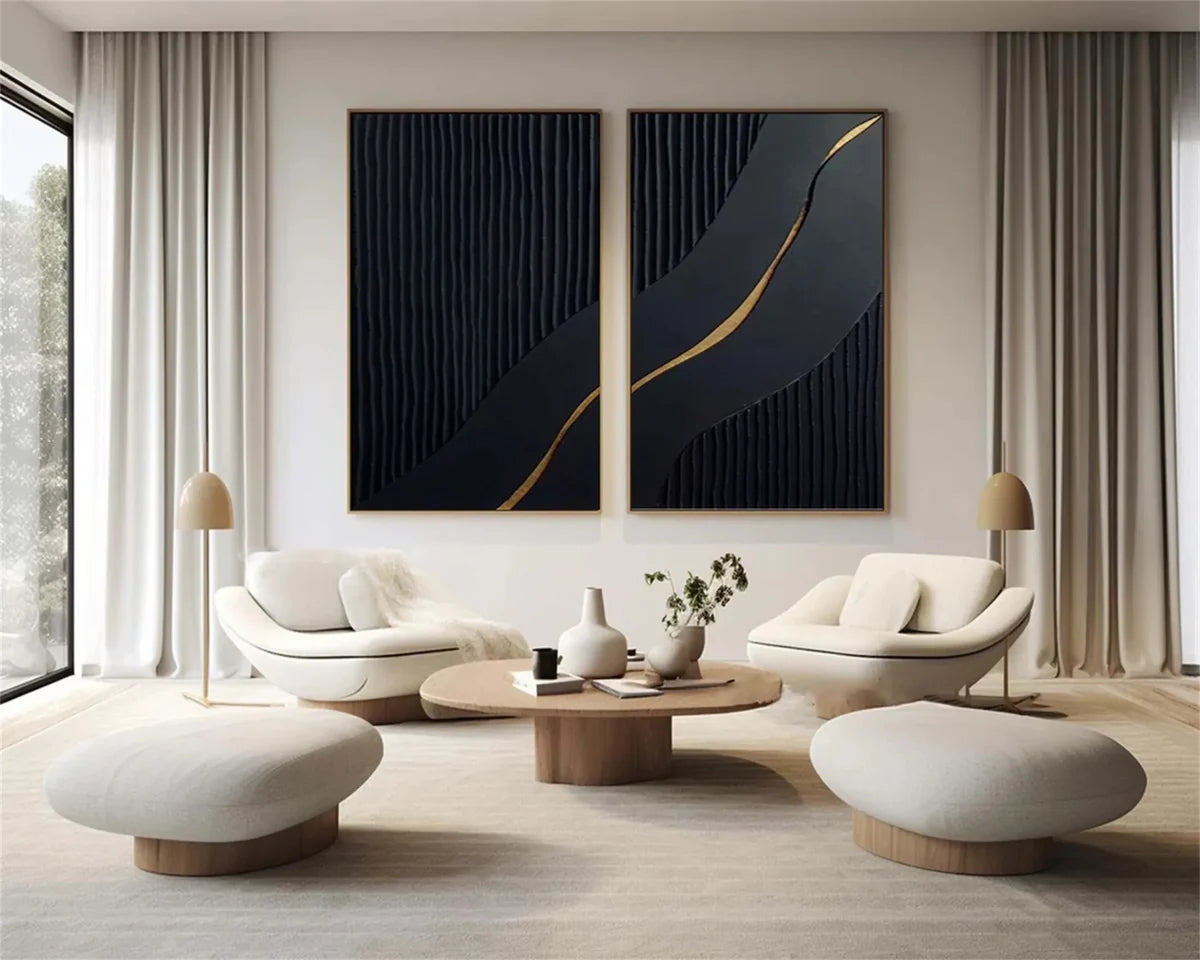 Black Minimalist Textured Canvas Art Set of 2 #WZ024