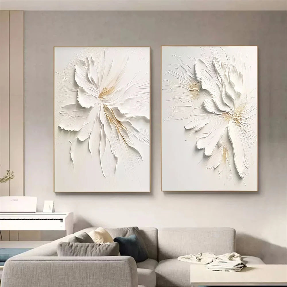 White Minimalist Flower And Tree Textured Canvas Art Set of 2 #MF067