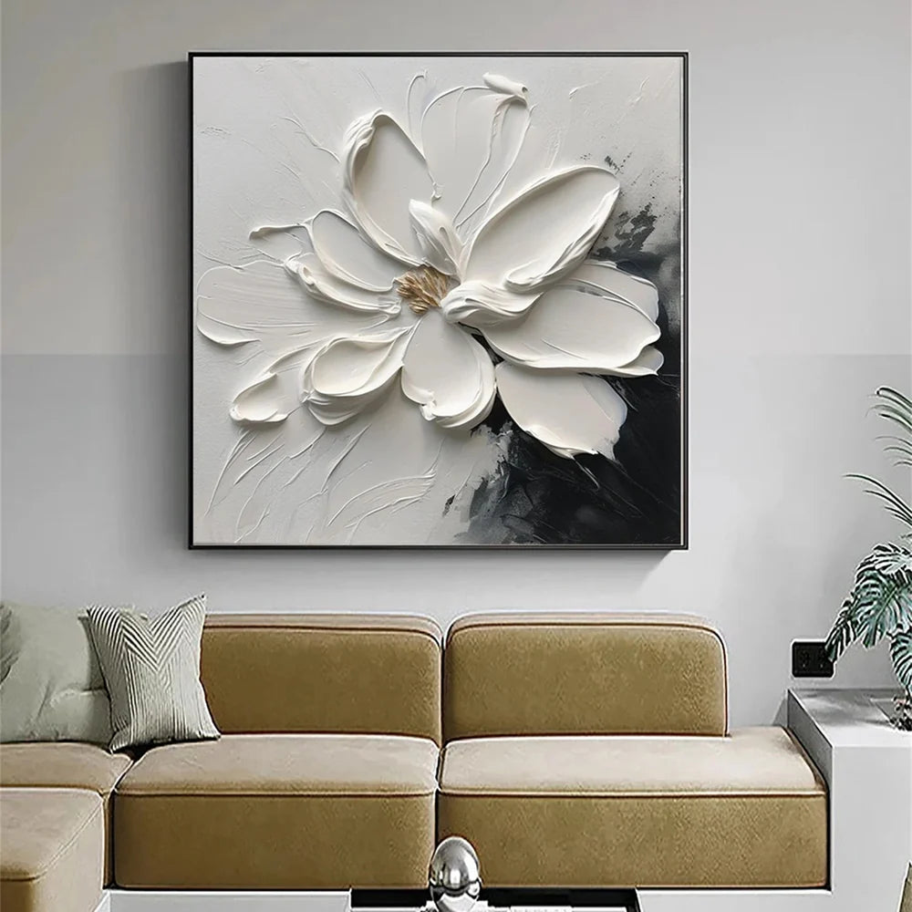 Black & White Minimalist Flower And Tree Textured Canvas Art #MF019