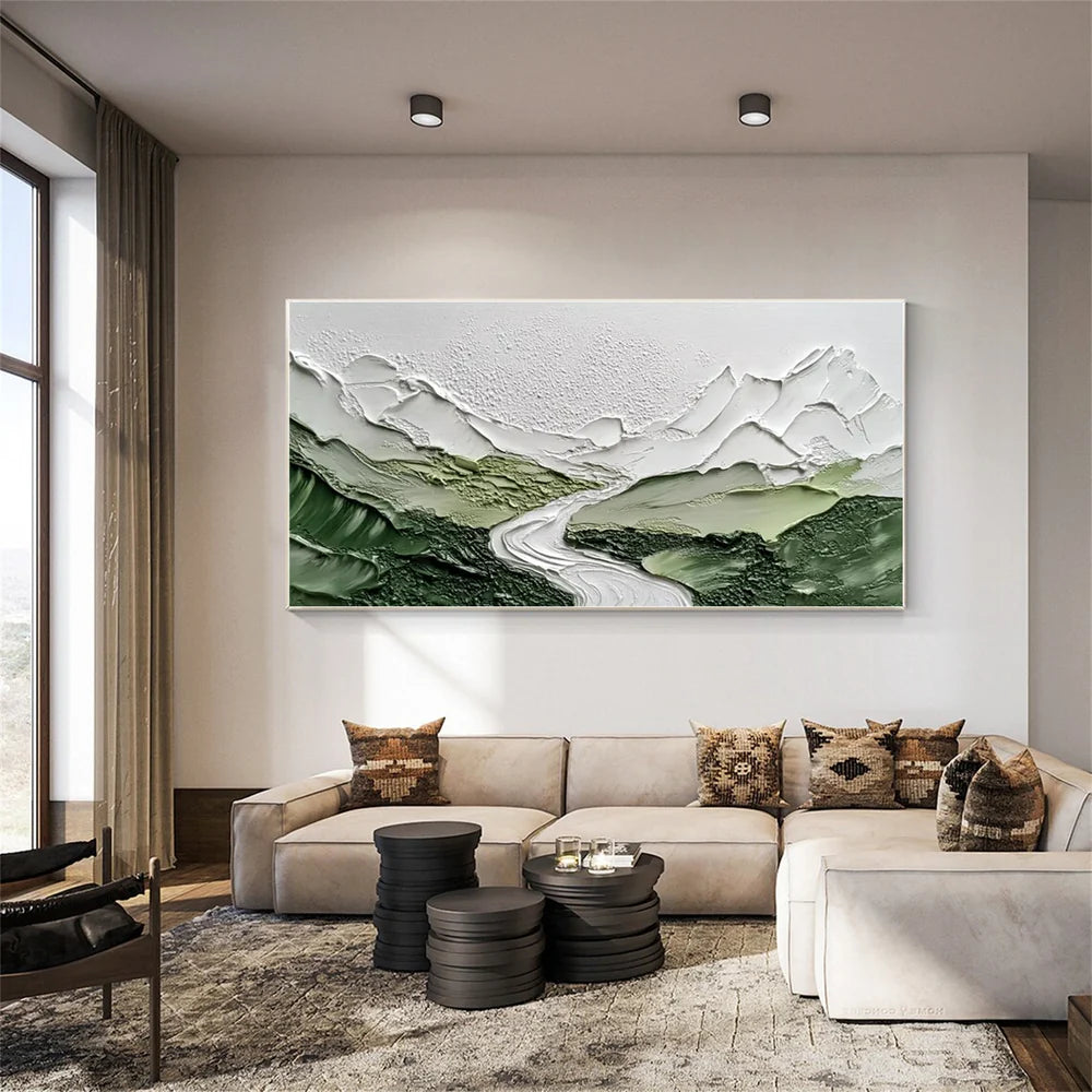 White & Green Abstract Mountain Textured Canvas Art #BT032