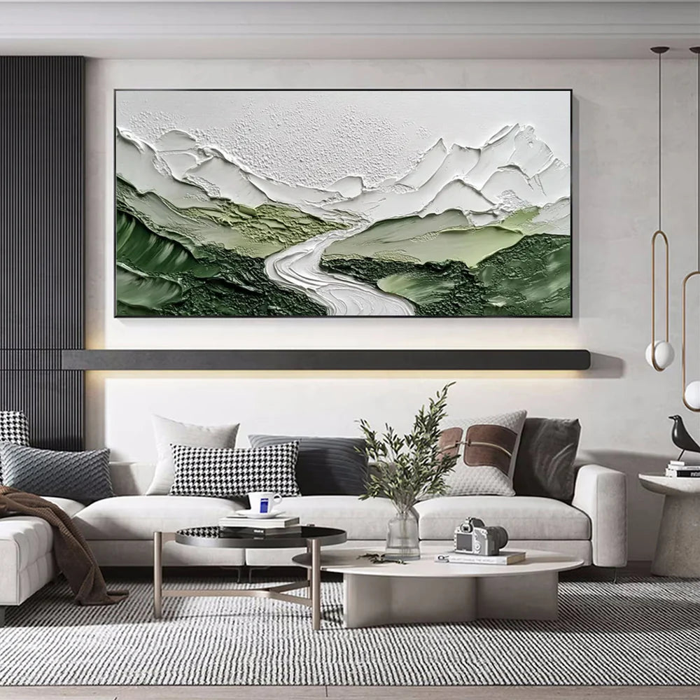 White & Green Abstract Mountain Textured Canvas Art #BT032