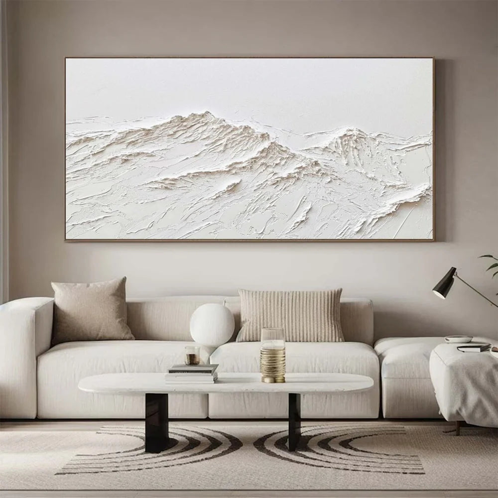 White Minimalist Mountain Textured Canvas Art #BT021