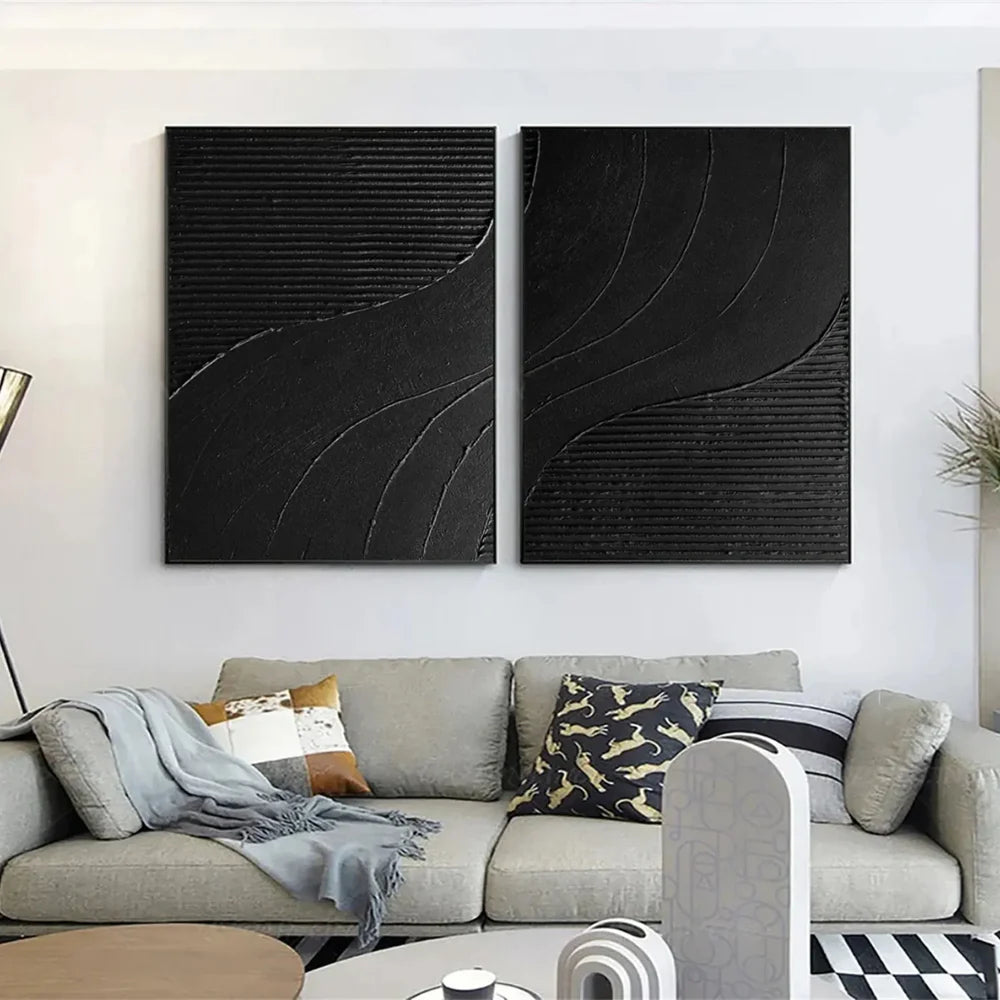 Black Minimalist Textured Canvas Art Set of 2 #WZ078