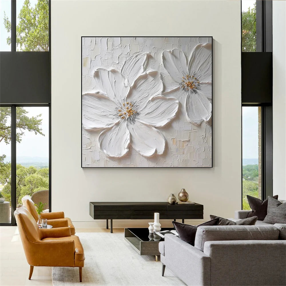 White Minimalist Flower And Tree Textured Canvas Art #MF072