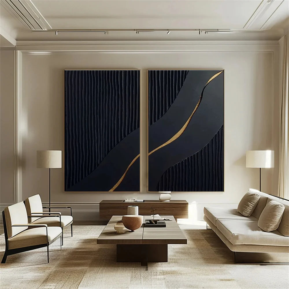 Black Minimalist Textured Canvas Art Set of 2 #WZ024