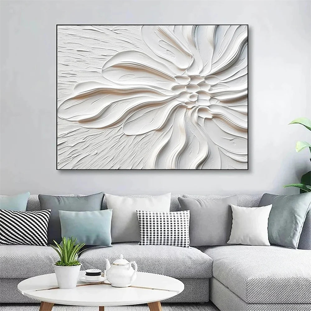 White Minimalist Flower And Tree Textured Canvas Art #MF020