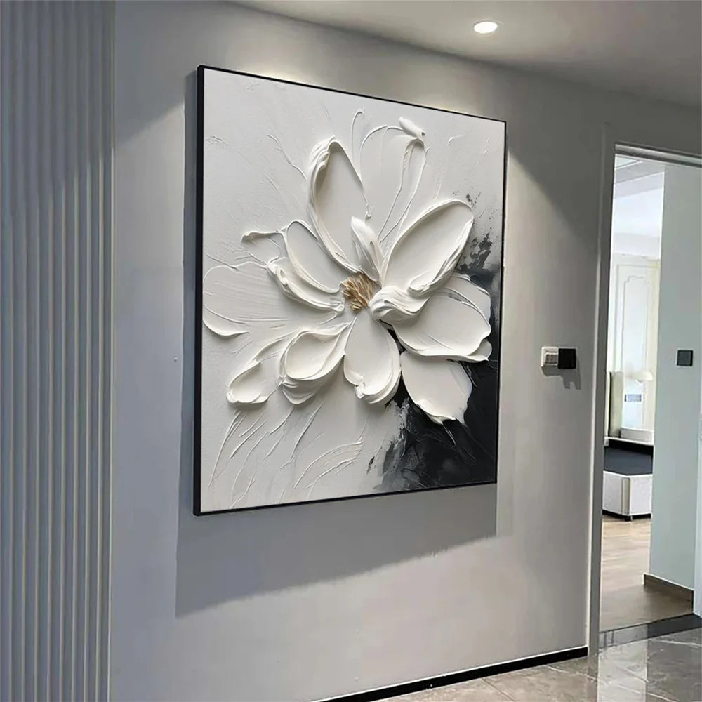 Black & White Minimalist Flower And Tree Textured Canvas Art #MF019