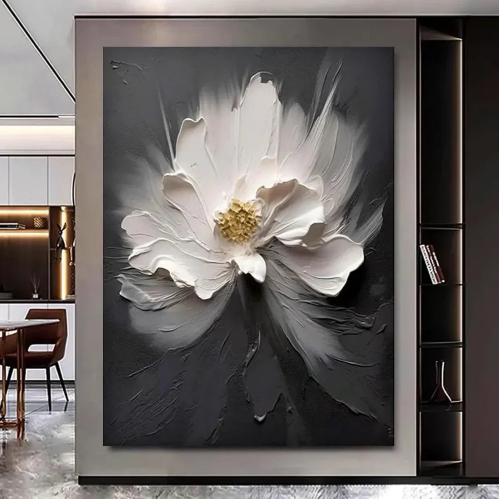 Black & White Minimalist Flower And Tree Textured Canvas Art #MF021