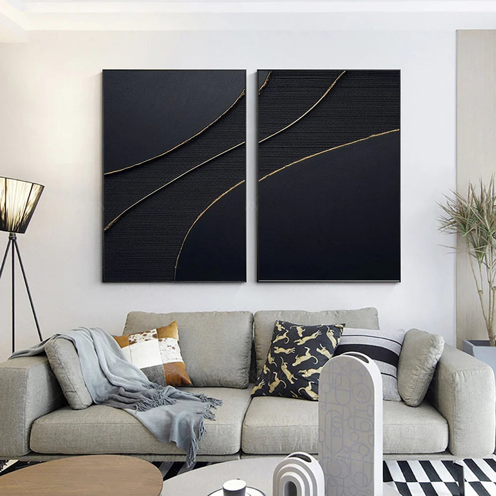 Black Minimalist Textured Canvas Art Set of 2 #WZ023