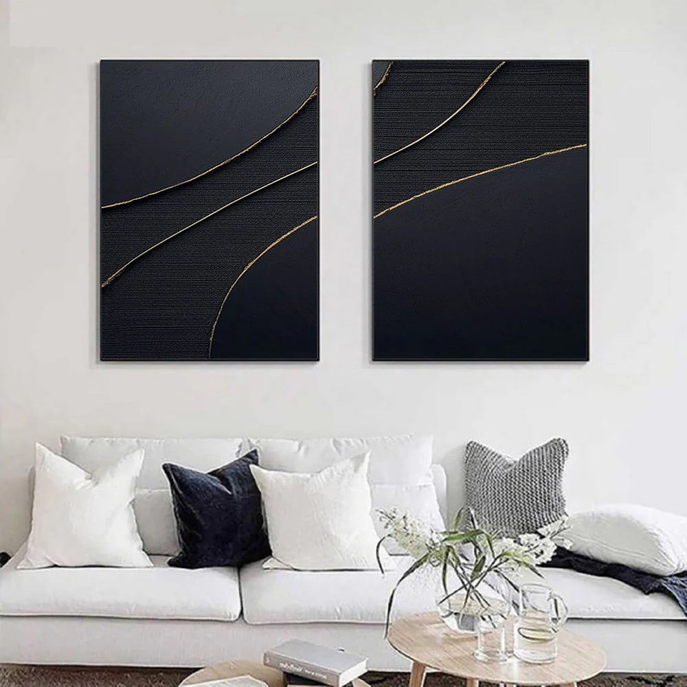 Black Minimalist Textured Canvas Art Set of 2 #WZ023