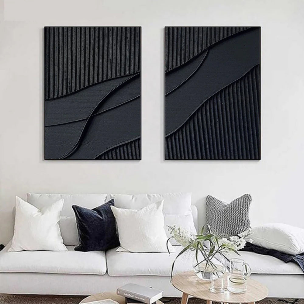 Black Minimalist Textured Canvas Art Set of 2 #WZ004