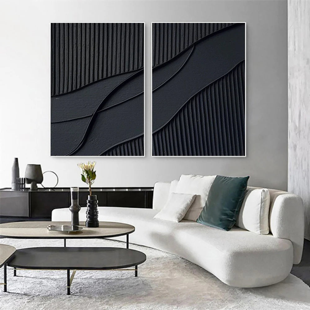 Black Minimalist Textured Canvas Art Set of 2 #WZ004