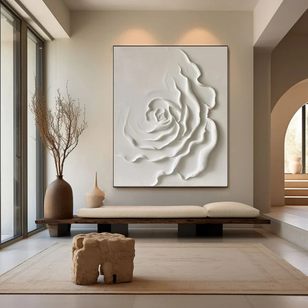 White Minimalist Flower And Tree Textured Canvas Art #MF023