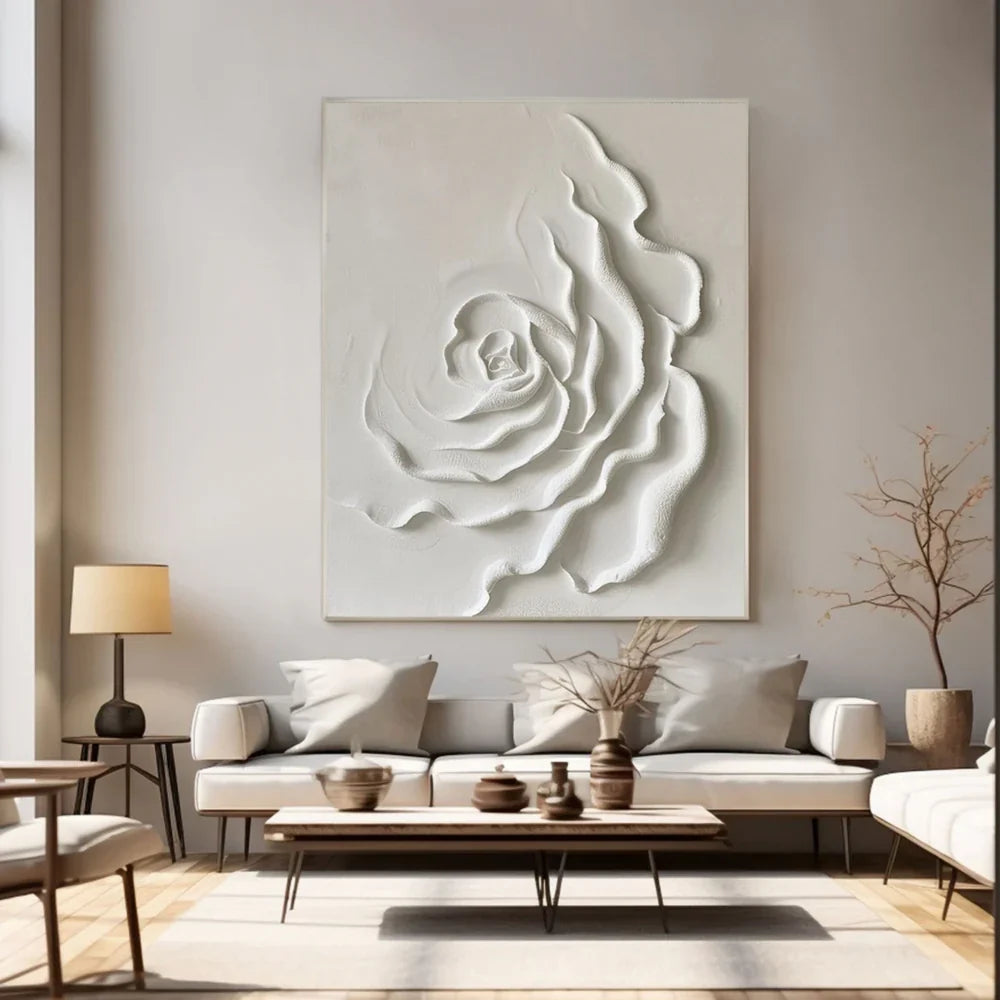 White Minimalist Flower And Tree Textured Canvas Art #MF023